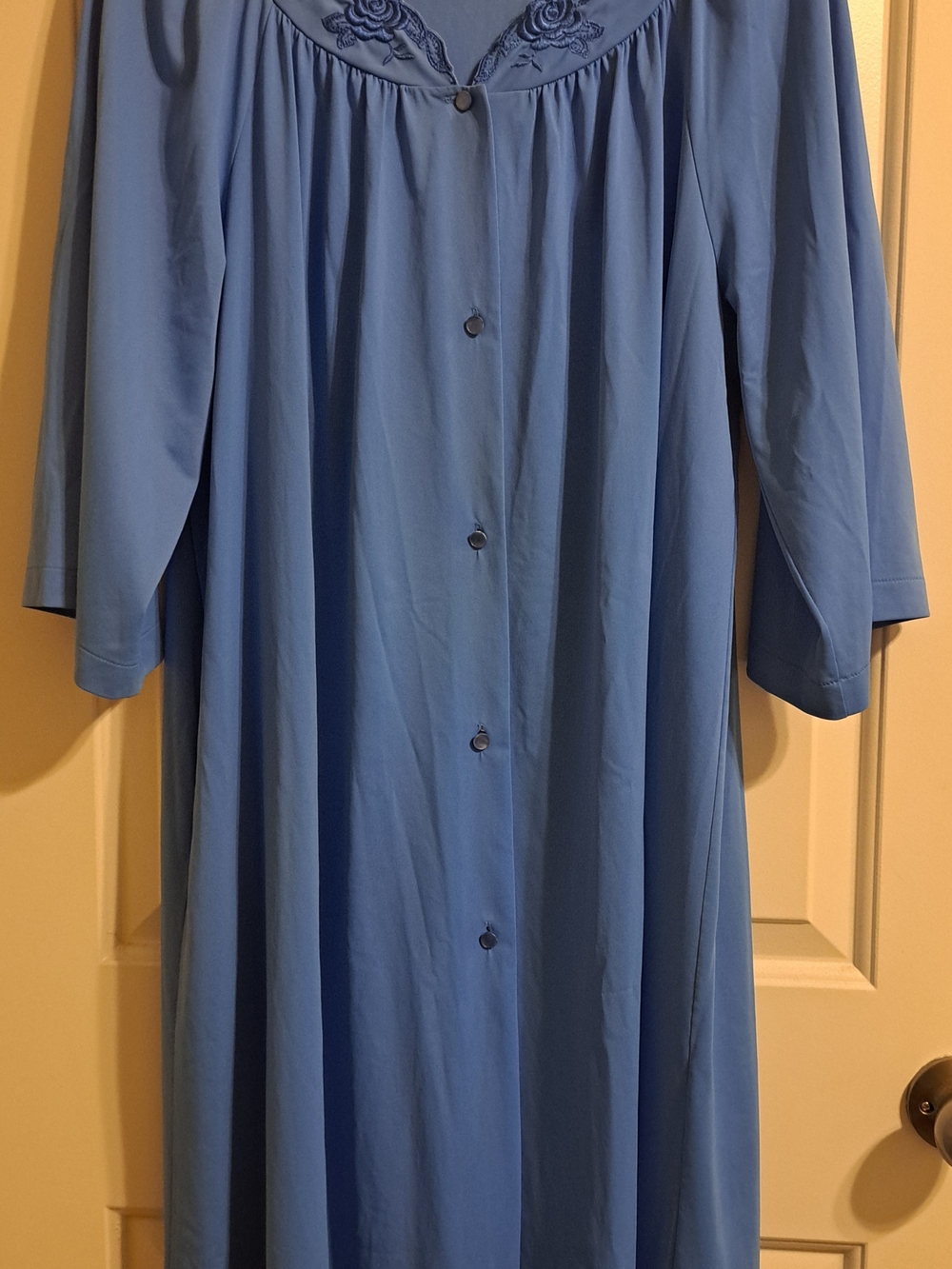 Vintage Shadowline Blue Tricot Long Robe Embroidered Floral Housecoat OS